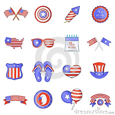Independence day icons set, cartoon style Vector Illustration