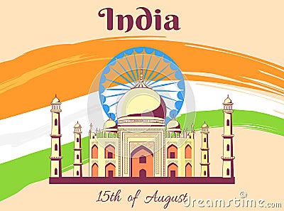 Independence Day of India Poster with Taj Mahal Vector Illustration