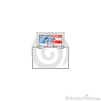 Independence day stamp cartoon character with funny face hides behind a board Vector Illustration