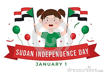 Independence Day of Sudan on January 1st with Little Kids Carrying Flag Sudanese in Flat Cartoon Background Illustration Vector Illustration