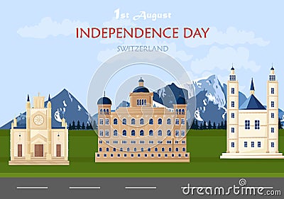 Independence day in Switzerland Vector. Swiss national day 1st August background illustrations Cartoon Illustration