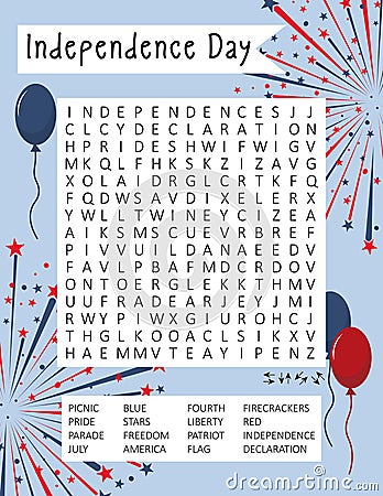 Independence Day 4th July word search puzzle for learning English words. Holiday crossword. Logic game. Patriotism theme Vector Illustration