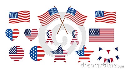 Independence Day United States icons. USA flag illustration, sign or symbol, badges. Memorial Day patriotic USA set Vector Illustration