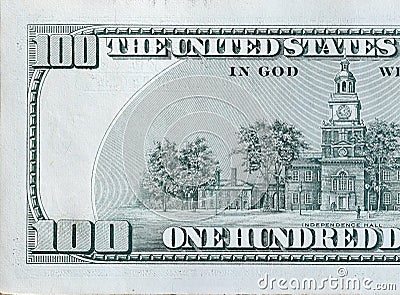 Independence Hall on 100 dollars banknote back side closeup macro fragment. United states hundred dollars money bill Stock Photo