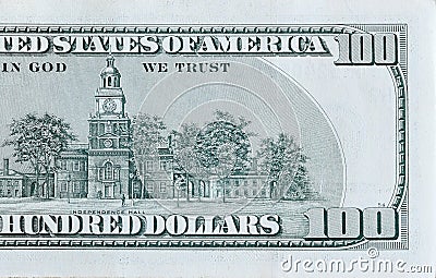 Independence Hall on 100 dollars banknote back side closeup macro fragment. United states hundred dollars money bill Stock Photo