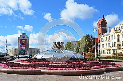 Minsk, Belarus, September, 28, 2015. Independence square in autumn in cloudy weather. Belarus, Minsk city, Editorial Stock Photo