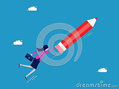 Independent business ideas. Businesswoman clinging to a flying pencil Vector Illustration