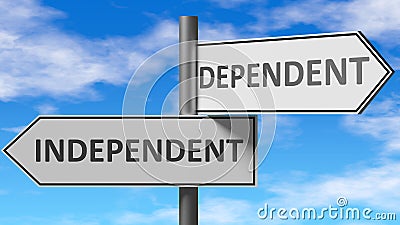 Independent and dependent as a choice, pictured as words Independent, dependent on road signs to show that when a person makes Cartoon Illustration