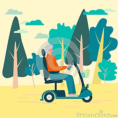 Independent elderly woman, aged 50 , travels on electric scooter. Strong female figure, gray curly hair, smiling. Rest in the Vector Illustration