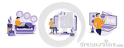 Independent entrepreneur. Become a freelancer, copywriting service, voice over recording studio, writing article, narration. set Vector Illustration