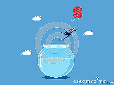 Independent life with money. Businessman floats with money balloons out of fishbowl Vector Illustration