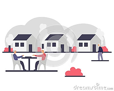 Independent living of senior people in a community concept vector illustration. Exterior of three houses and outdoor activities of Vector Illustration