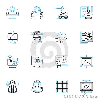 Independent machines linear icons set. Autonomy, Self-sufficient, Unsupervised, Independent, Automated, Mechanized, Self Vector Illustration