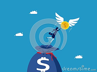 independent money. Businesswoman flying with coins coming out of money bag Vector Illustration