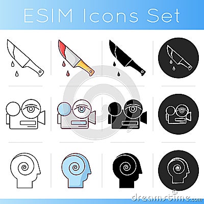 Independent movies icons set. Linear, black and RGB color styles. Cinema genres for non broad audiences. Thriller films Vector Illustration