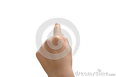 Index finger of a child hand is touching a virtual screen, isolated on white background. Clipping path included Stock Photo