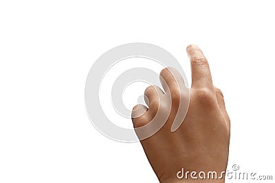 Index finger of a child hand is touching a virtual screen, isolated on white background. Clipping path included Stock Photo