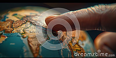 Index finger pointing at the tiny globe. Geography concept. Ai generative Stock Photo