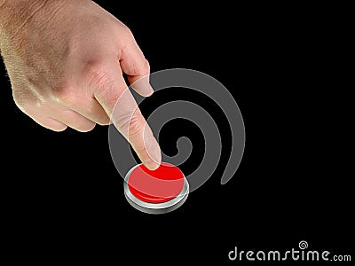 The index finger pushes the button from the inside. Finger touch to switch in space. A person turns on or off the system. Concept Stock Photo