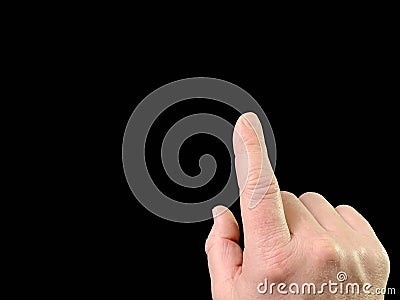 The index finger pushes the button from the inside. Finger touch to switch in space. A person turns on or off the system. Concept Stock Photo