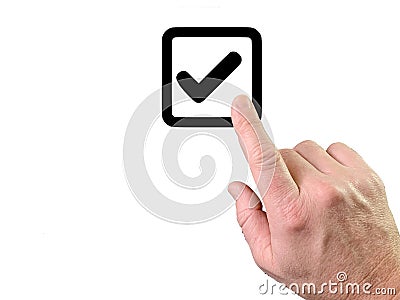 Index finger pushes a button, white background. Finger touch to switch in space. A person turns on or off the system. Concept: Stock Photo