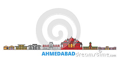 India, Ahmedabad line cityscape, flat vector. Travel city landmark, oultine illustration, line world icons Vector Illustration
