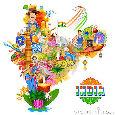 India background showing its incredible culture and diversity with monument, dance festival Vector Illustration