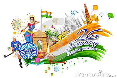 India background showing its incredible culture and diversity with monument, dance festival Vector Illustration