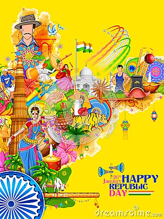 India background showing its incredible culture and diversity with monument, dance festival Vector Illustration