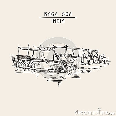 India Baga Beach sketch drawing with two boats ashore Vector Illustration