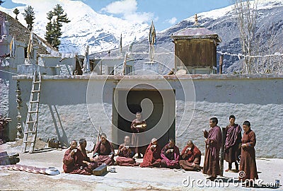 1977. India. Buddhist nuns and monks at Kardang-Gompa. Editorial Stock Photo