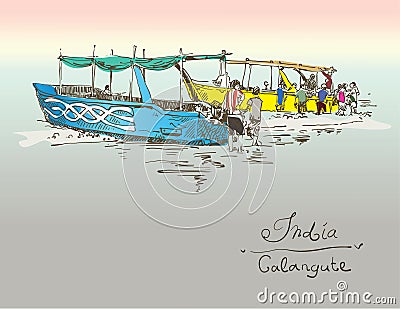 India Calangute Beach sketch drawing with two boats ashore Vector Illustration