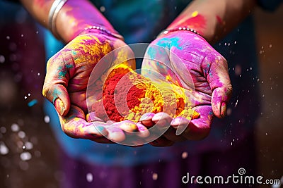 India Closeup of Hands of a Girl with colours during the celebration of Holi, festival celebration Stock Photo