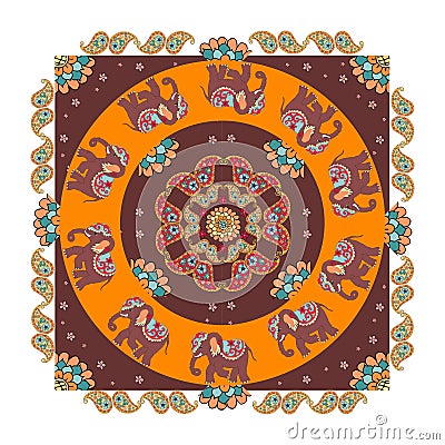 India. Ethnic bandana print with beautiful flowers, paisley and elephants. Stock Photo