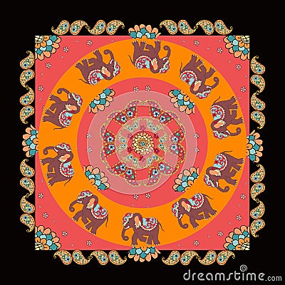 India. Ethnic bandana print with beautiful flowers, paisley and elephants. Summer kerchief square pattern design style for print Stock Photo