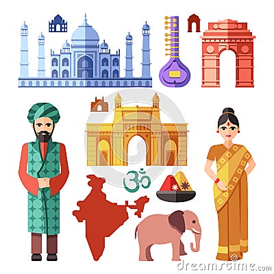 India flat vector icons with national landmarks for traveling concept Vector Illustration