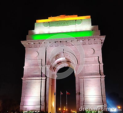View of India Gate at night time. Delhi India Editorial Stock Photo