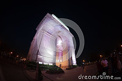 India gate at night with lights on shot with fisheye Editorial Stock Photo