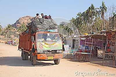 India, Hampi, 02 February 2018. A beautiful Indian truck carries or carries many Indian people Editorial Stock Photo