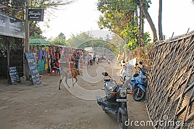 India, Hampi, 02 February 2018. The main street of the village of Virupapur Gaddi. Life, economy, tourists, cows, the market, Editorial Stock Photo