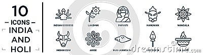 india.and.holi linear icon set. includes thin line indian goddess, parvati, mandala, anise, kartikeya, oil lamp, indian cow icons Vector Illustration