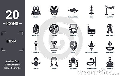 india icon set. include creative elements as brahma, navratri, dipa, indian, woman, kartikeya filled icons can be used for web Vector Illustration
