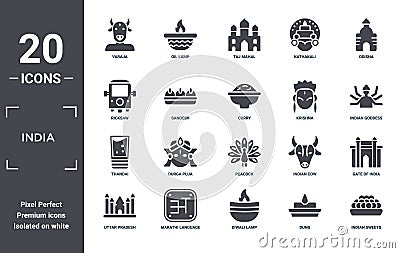 india icon set. include creative elements as varaja, odisha, krishna, peacock, marathi language, thandai filled icons can be used Vector Illustration