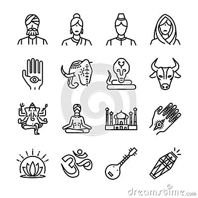 India icon set. Included the icons as Indian, Hindi, Ganesha, henna, cobra, cow and more. Vector Illustration