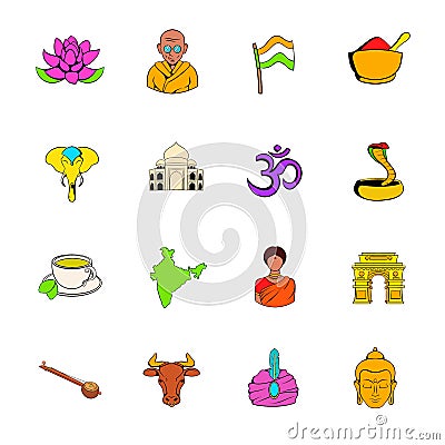 India icons set cartoon Vector Illustration