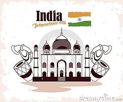 india independence lettering mosque Vector Illustration