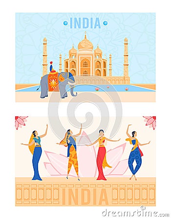 India, indian culture with national architecture landmarks, cityscape, travel and tourist symbols, woman in saree Cartoon Illustration