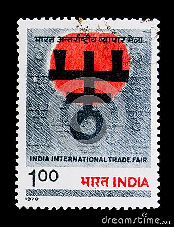 MOSCOW, RUSSIA - NOVEMBER 23, 2017: A stamp printed in India shows India International Trade Fair, .Commemorations serie, circa 1 Editorial Stock Photo