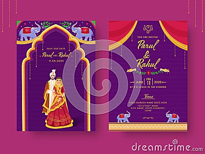 India Kitsch Style Wedding Invitation Card With Event Details In Front And Back View India Sikh Style Wedding Invitation Card Stock Photo