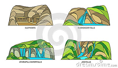 India landmarks, caves and waterfalls, Kerala, Goa Vector Illustration